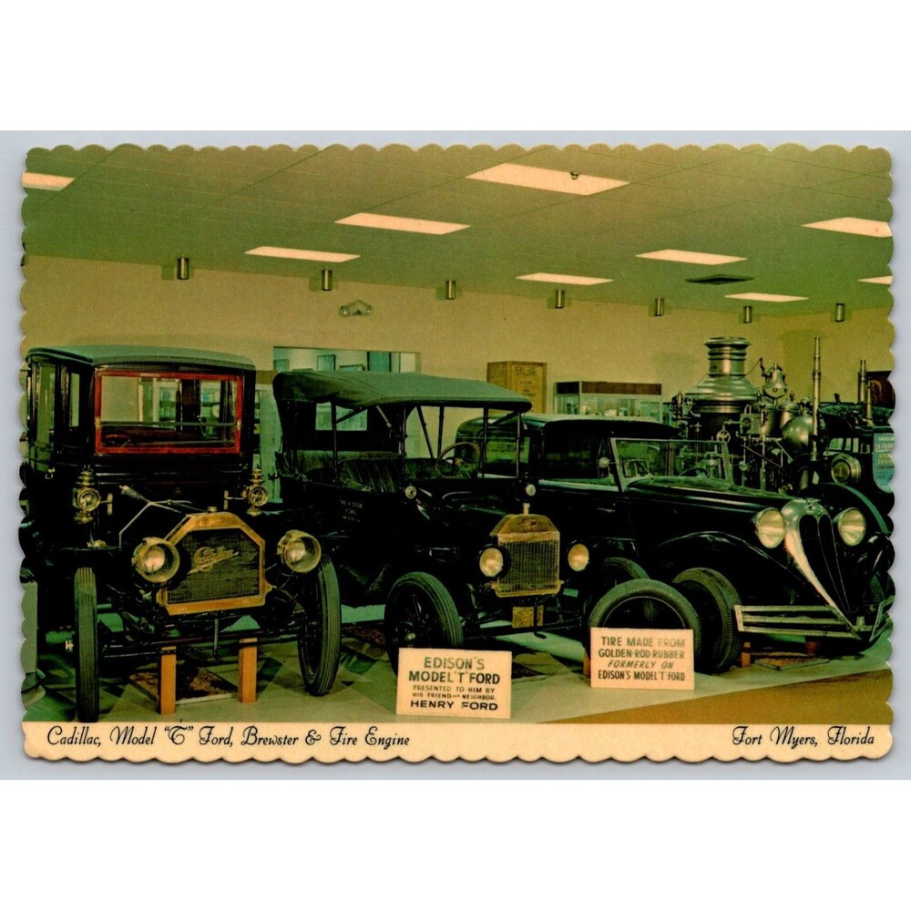 Vintage Postcard Thomas Edison Museum Fort Myers FL Cars Model T Fire Engine